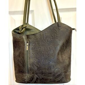SOLO PERCHE - 🎉HP🎉NWOT "Varese" Tooled Leather Shoulder-to-Backpack/Olive Green